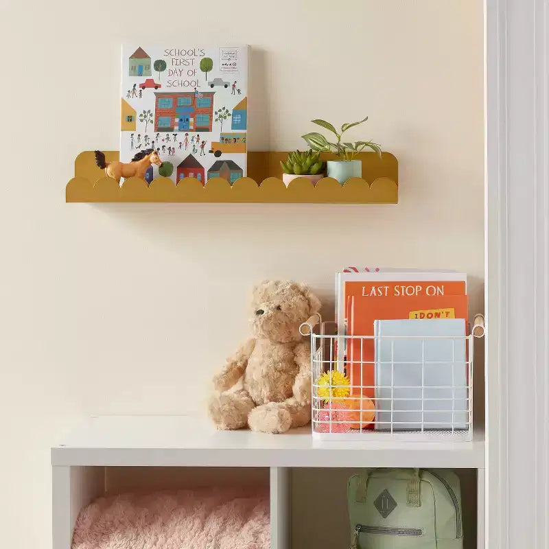 Kids Gold Scalloped Floating Iron Wall Shelf, 24" Wide Wall Organizer