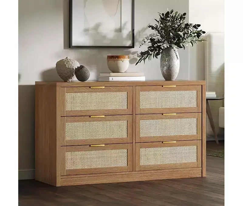 6-laden ladekast voor slaapkamer, brede rotan ladekast, houten met gouden handgrepen, landelijke tv-standaard, haltafel, moderne ladekast voor kamer