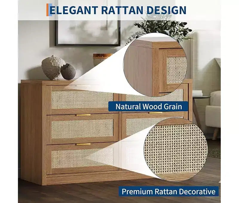 6-laden ladekast voor slaapkamer, brede rotan ladekast, houten met gouden handgrepen, landelijke tv-standaard, haltafel, moderne ladekast voor kamer