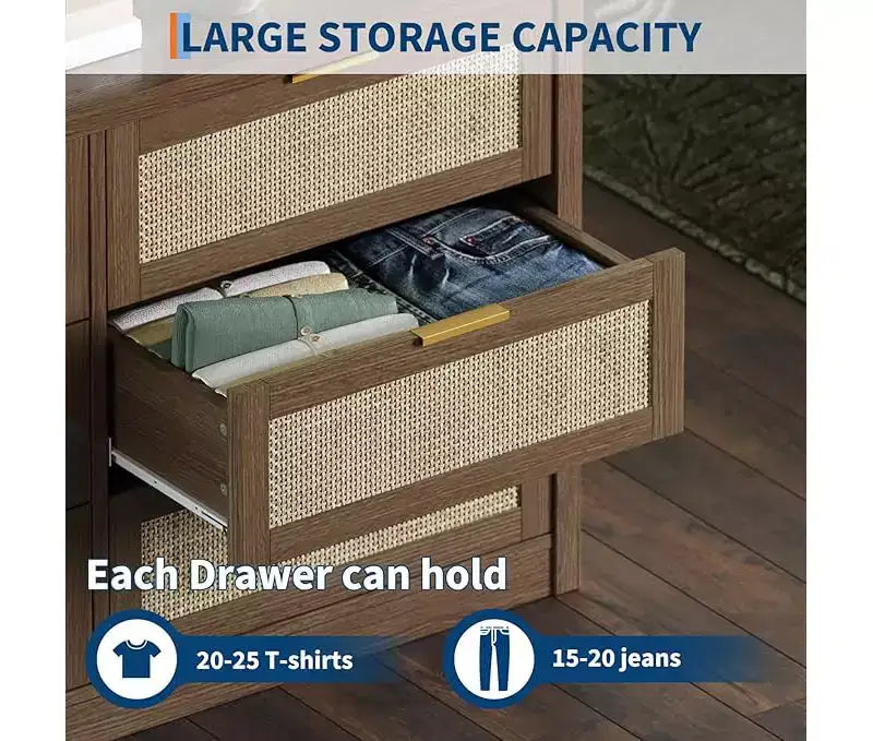 6-laden ladekast voor slaapkamer, brede rotan ladekast, houten met gouden handgrepen, landelijke tv-standaard, haltafel, moderne ladekast voor kamer