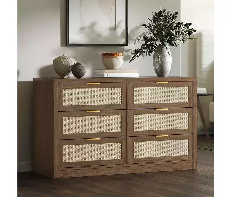 Cassettiera a 6 cassetti per camera da letto, cassettiera larga in rattan, legno con maniglie dorate, supporto TV in stile rustico, tavolo ingresso, cassettiera moderna per stanza