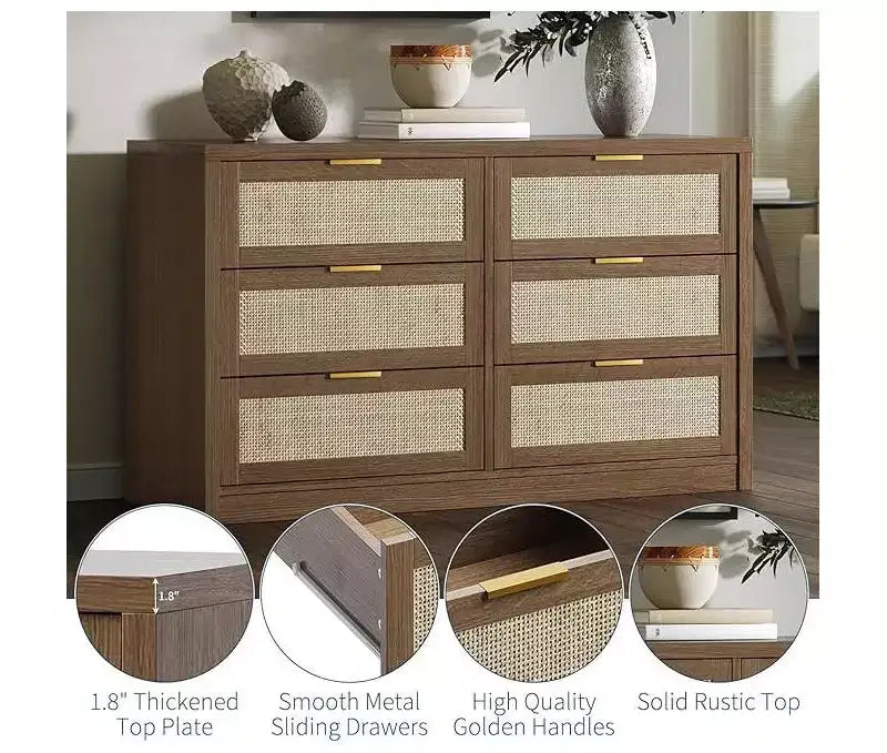 Cassettiera a 6 cassetti per camera da letto, cassettiera larga in rattan, legno con maniglie dorate, supporto TV in stile rustico, tavolo ingresso, cassettiera moderna per stanza