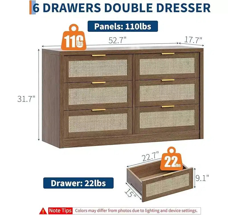 Cassettiera a 6 cassetti per camera da letto, cassettiera larga in rattan, legno con maniglie dorate, supporto TV in stile rustico, tavolo ingresso, cassettiera moderna per stanza