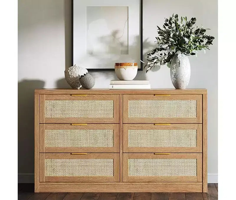 6-laden ladekast voor slaapkamer, brede rotan ladekast, houten met gouden handgrepen, landelijke tv-standaard, haltafel, moderne ladekast voor kamer