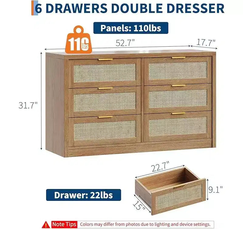 6-laden ladekast voor slaapkamer, brede rotan ladekast, houten met gouden handgrepen, landelijke tv-standaard, haltafel, moderne ladekast voor kamer