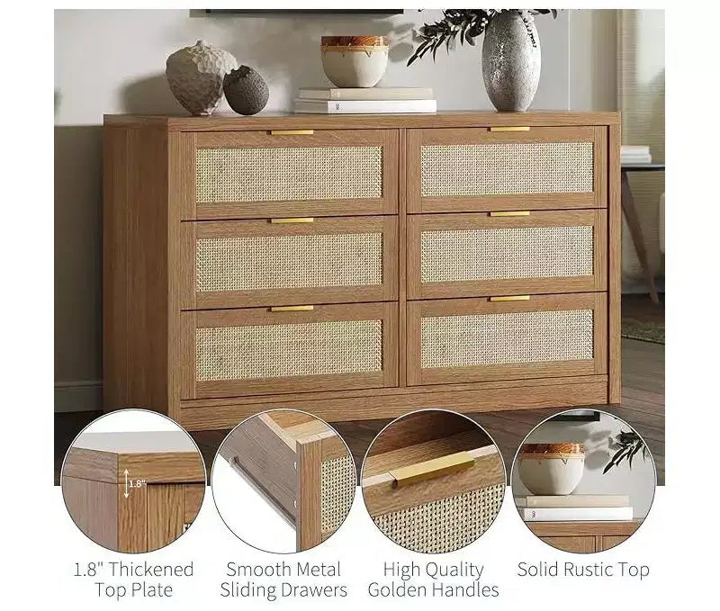Cassettiera a 6 cassetti per camera da letto, cassettiera larga in rattan, legno con maniglie dorate, supporto TV in stile rustico, tavolo ingresso, cassettiera moderna per stanza