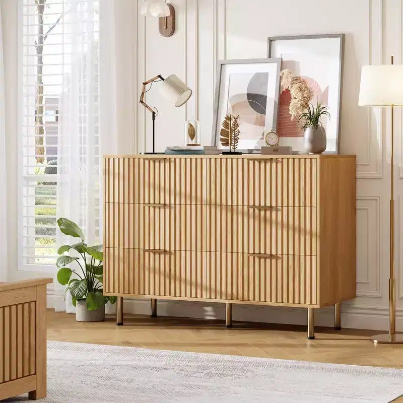 6-laden dubbele ladekast, 47,2 cm gefluteerde houten kast met diepe opslag en groot bovenblad - tv-meubel voor woonkamer, slaapkamer, hal