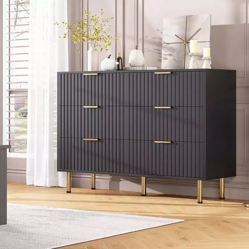 Cassettiera doppia a 6 cassetti, cassettone in legno scanalato 47,2 con ampio spazio di archiviazione e piano superiore grande - supporto TV per soggiorno, camera da letto, corridoio