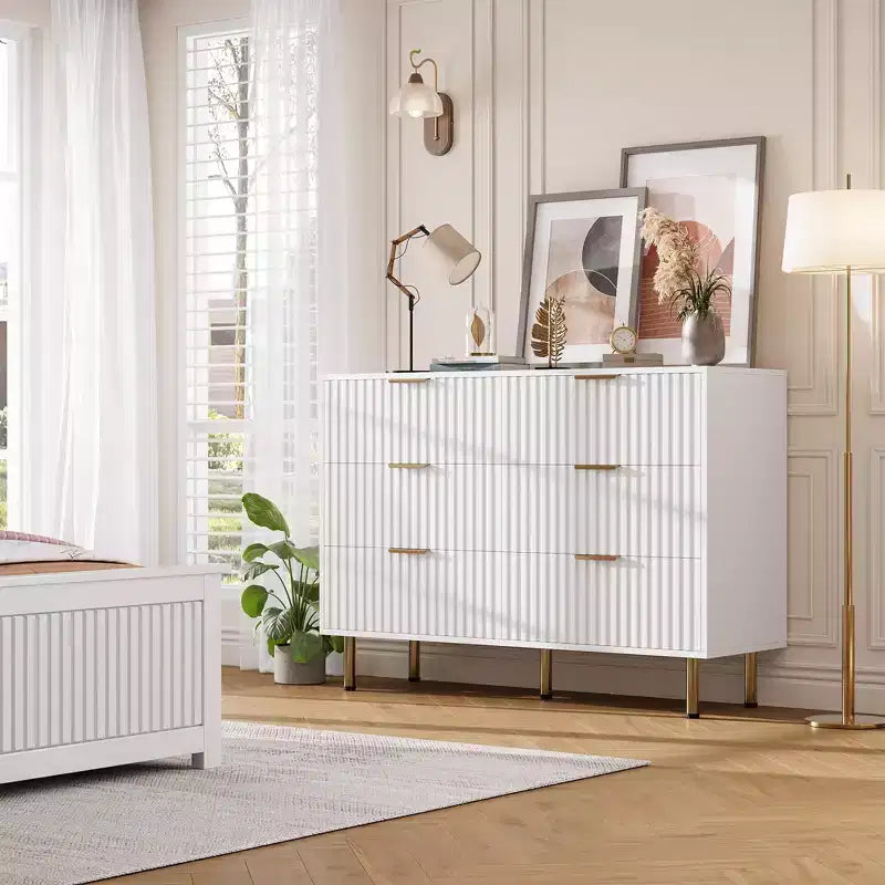 6-laden dubbele ladekast, 47,2 cm gefluteerde houten kast met diepe opslag en groot bovenblad - tv-meubel voor woonkamer, slaapkamer, hal