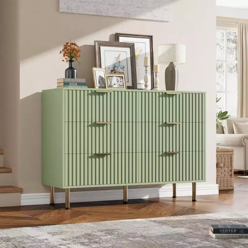 Cassettiera doppia a 6 cassetti, cassettone in legno scanalato 47,2 con ampio spazio di archiviazione e piano superiore grande - supporto TV per soggiorno, camera da letto, corridoio