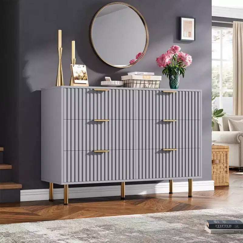 Cassettiera doppia a 6 cassetti, cassettone in legno scanalato 47,2 con ampio spazio di archiviazione e piano superiore grande - supporto TV per soggiorno, camera da letto, corridoio