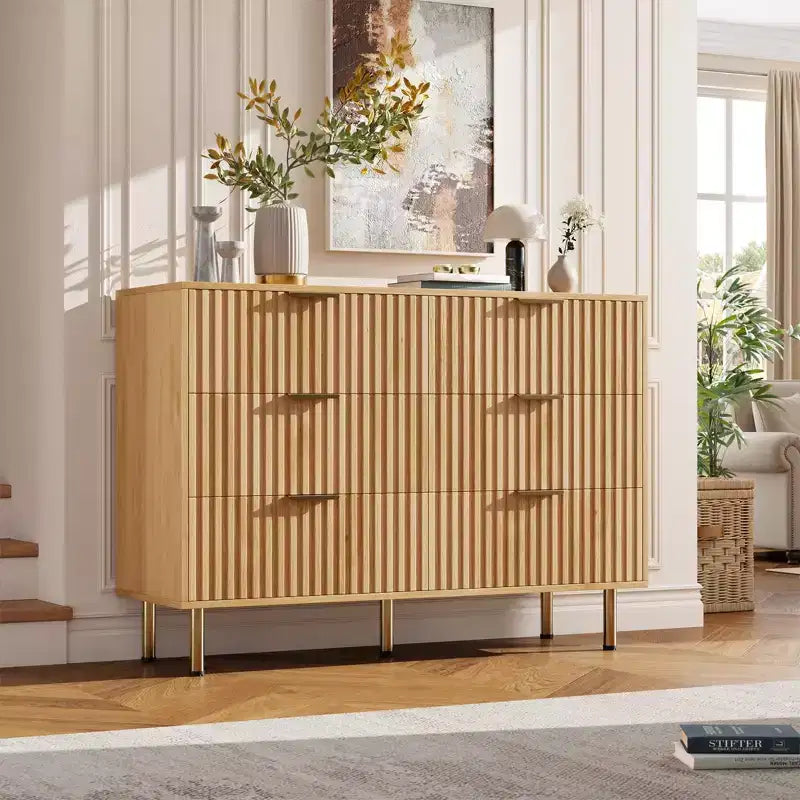 Cassettiera doppia a 6 cassetti, cassettone in legno scanalato 47,2 con ampio spazio di archiviazione e piano superiore grande - supporto TV per soggiorno, camera da letto, corridoio