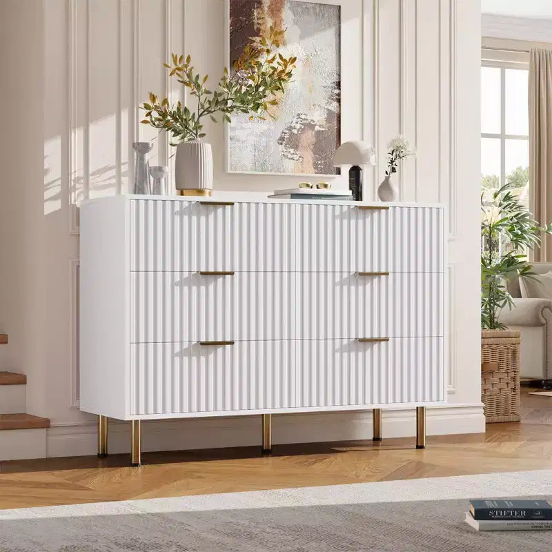 Cassettiera doppia a 6 cassetti, cassettone in legno scanalato 47,2 con ampio spazio di archiviazione e piano superiore grande - supporto TV per soggiorno, camera da letto, corridoio