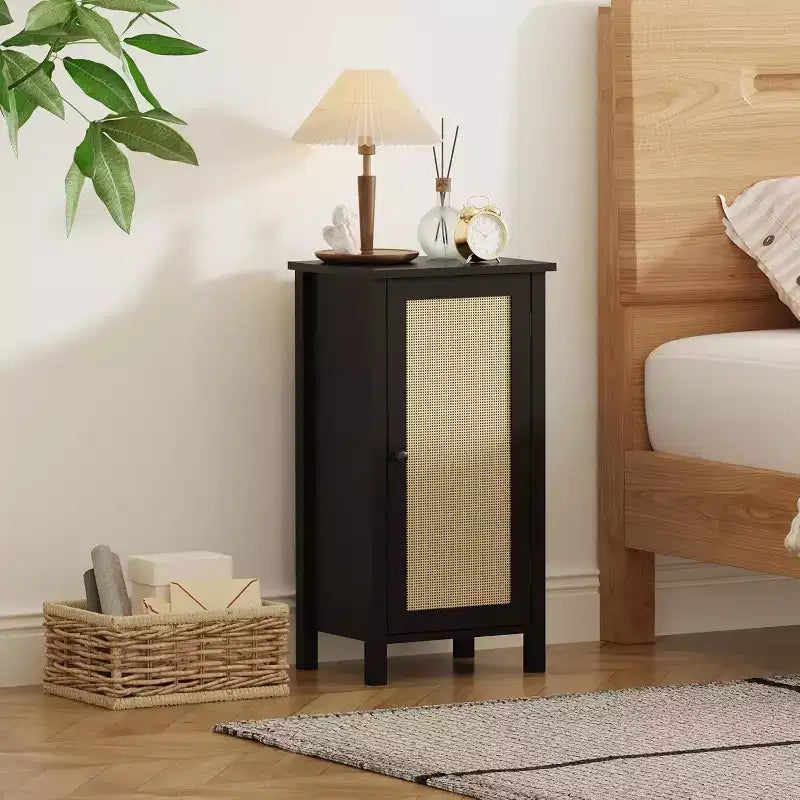 Armadio contenitore con porta in rattan intrecciato, organizzatore indipendente salvaspazio a 2 livelli, comodino finitura per bagno, cucina, soggiorno