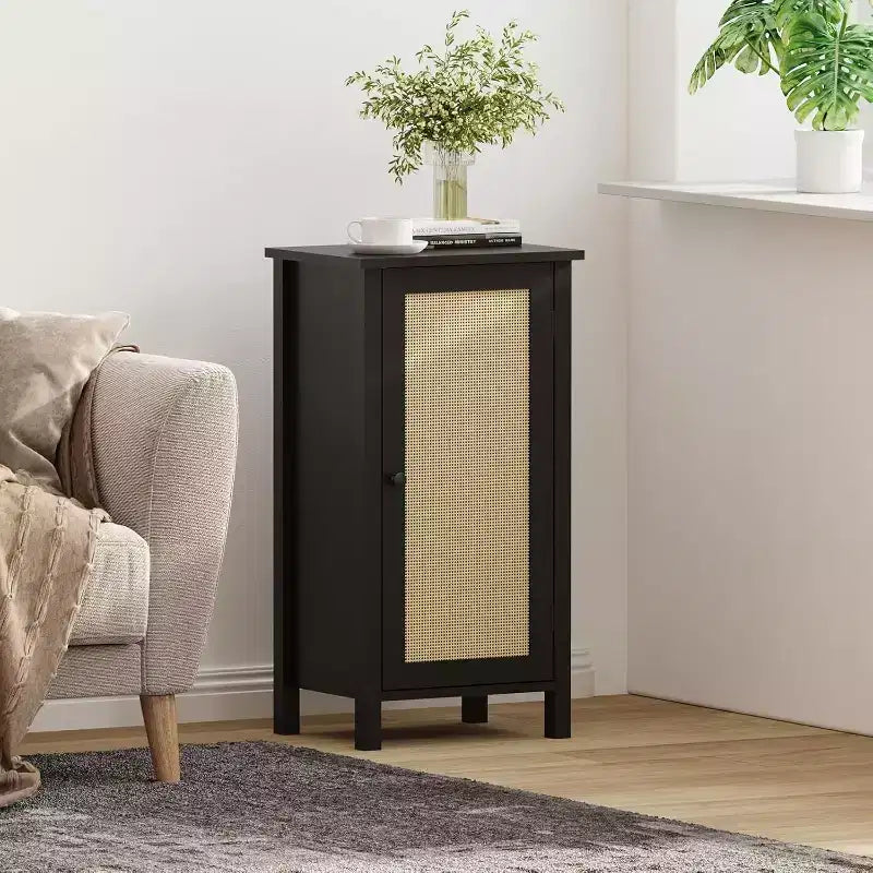 Armadio contenitore con porta in rattan intrecciato, organizzatore indipendente salvaspazio a 2 livelli, comodino finitura per bagno, cucina, soggiorno