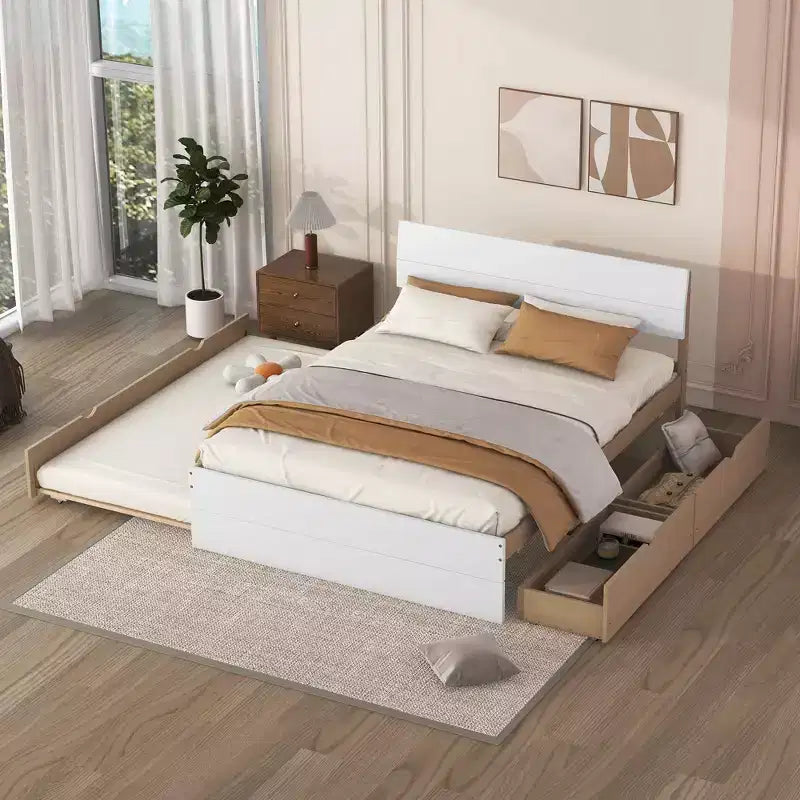 Struttura letto in legno robusto Full Size con letto estraibile Twin e 2 cassetti portaoggetti, non necessita di rete a doghe, letto estraibile per camera da letto, stanza degli ospiti o spazi piccoli