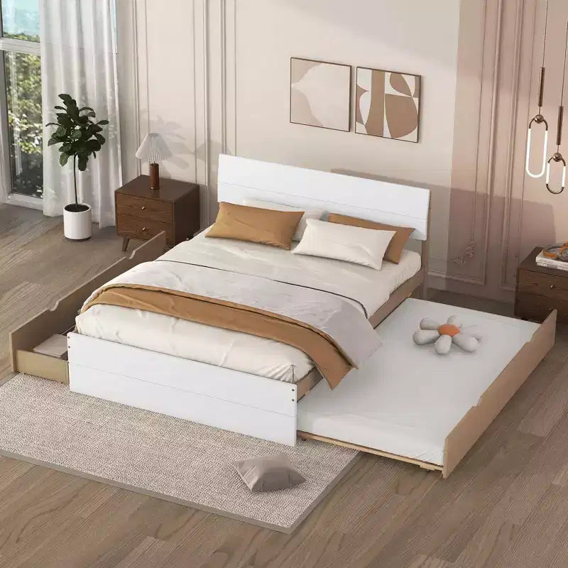 Struttura letto in legno robusto Full Size con letto estraibile Twin e 2 cassetti portaoggetti, non necessita di rete a doghe, letto estraibile per camera da letto, stanza degli ospiti o spazi piccoli