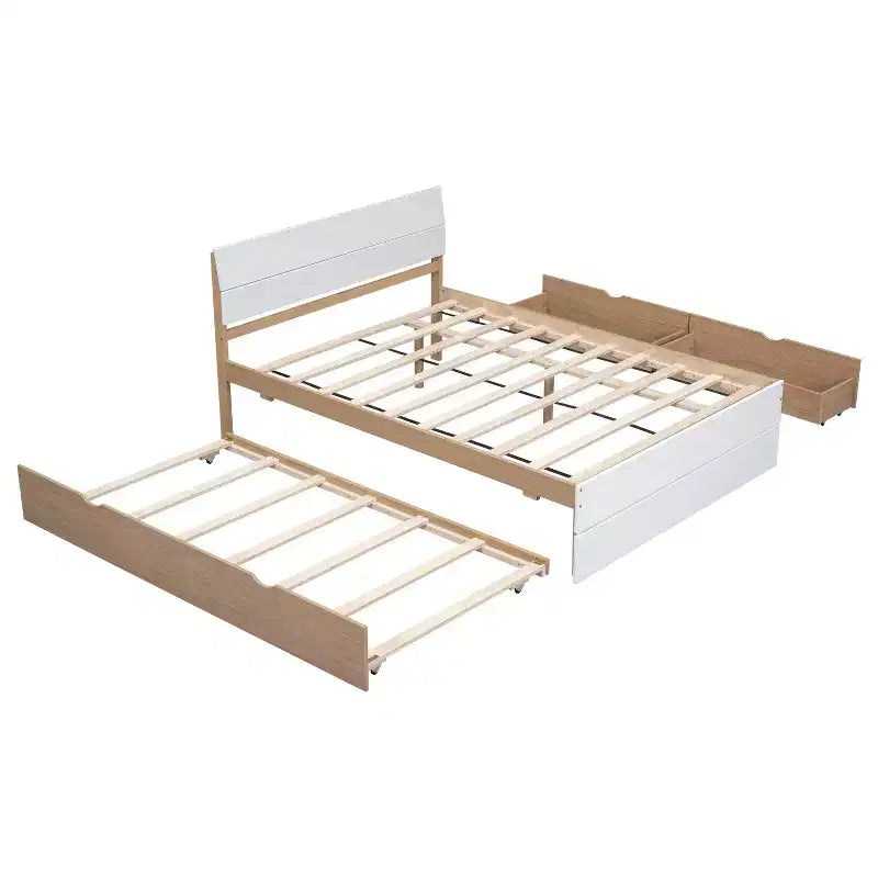 Struttura letto in legno robusto Full Size con letto estraibile Twin e 2 cassetti portaoggetti, non necessita di rete a doghe, letto estraibile per camera da letto, stanza degli ospiti o spazi piccoli
