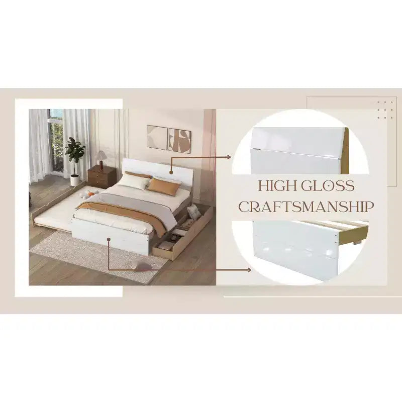 Struttura letto in legno robusto Full Size con letto estraibile Twin e 2 cassetti portaoggetti, non necessita di rete a doghe, letto estraibile per camera da letto, stanza degli ospiti o spazi piccoli
