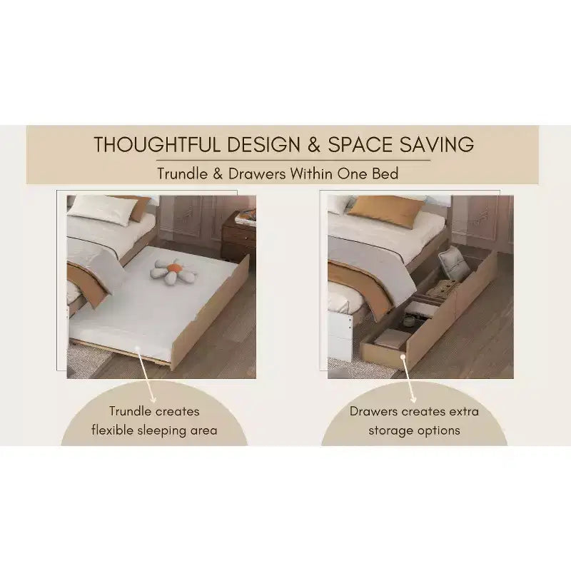 Struttura letto in legno robusto Full Size con letto estraibile Twin e 2 cassetti portaoggetti, non necessita di rete a doghe, letto estraibile per camera da letto, stanza degli ospiti o spazi piccoli
