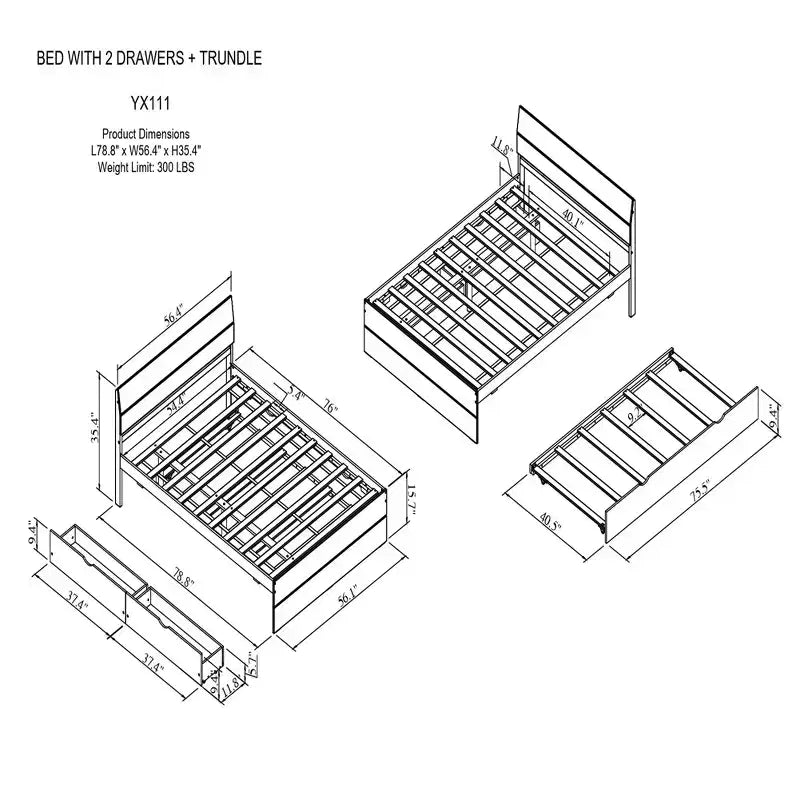 Struttura letto in legno robusto Full Size con letto estraibile Twin e 2 cassetti portaoggetti, non necessita di rete a doghe, letto estraibile per camera da letto, stanza degli ospiti o spazi piccoli