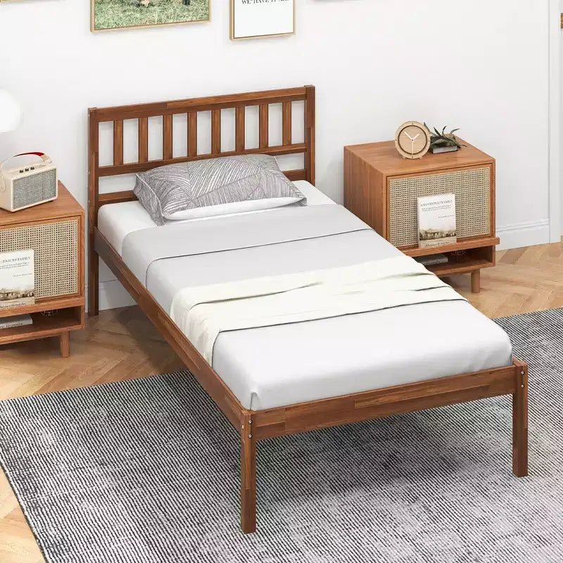 Twin/Full/Queen Platform Bed with Headboard Solid Wood Leg Mattress Foundation Walnut