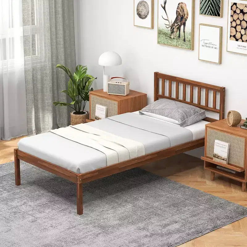 Cama plataforma Twin/Full/Queen con cabecero, patas de madera maciza, base para colchón, nogal  