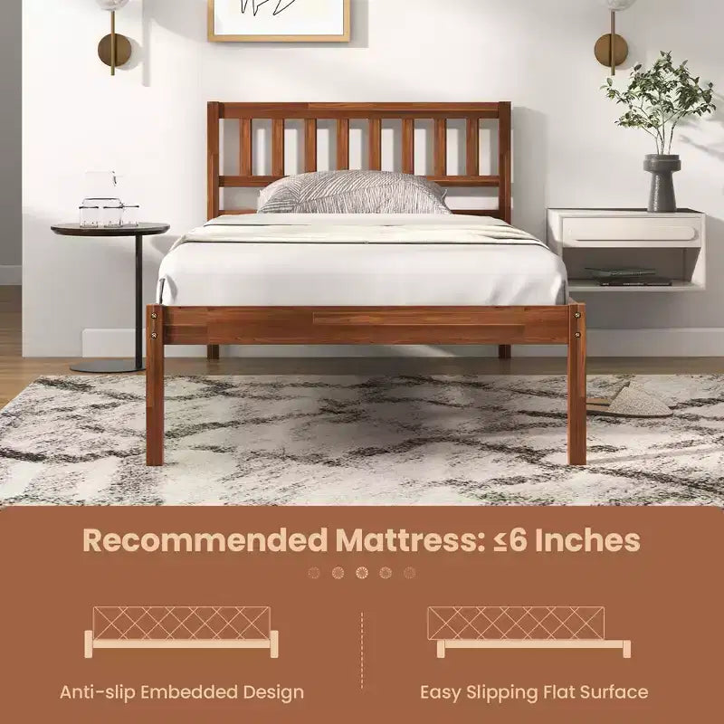 Cama plataforma Twin/Full/Queen con cabecero, patas de madera maciza, base para colchón, nogal  