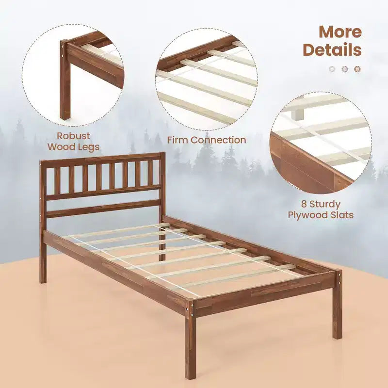 Cama plataforma Twin/Full/Queen con cabecero, patas de madera maciza, base para colchón, nogal  
