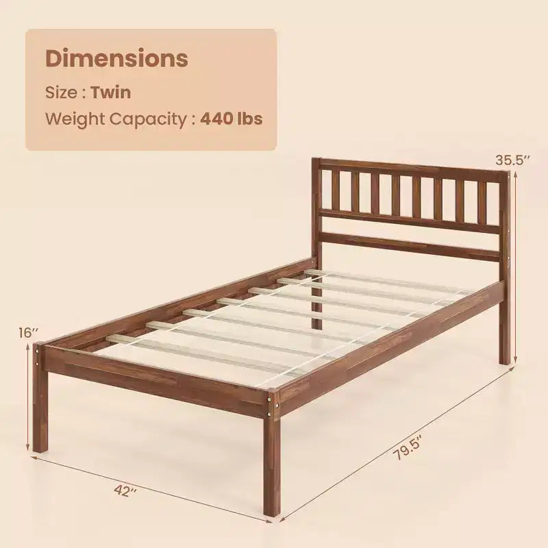 Cama plataforma Twin/Full/Queen con cabecero, patas de madera maciza, base para colchón, nogal  