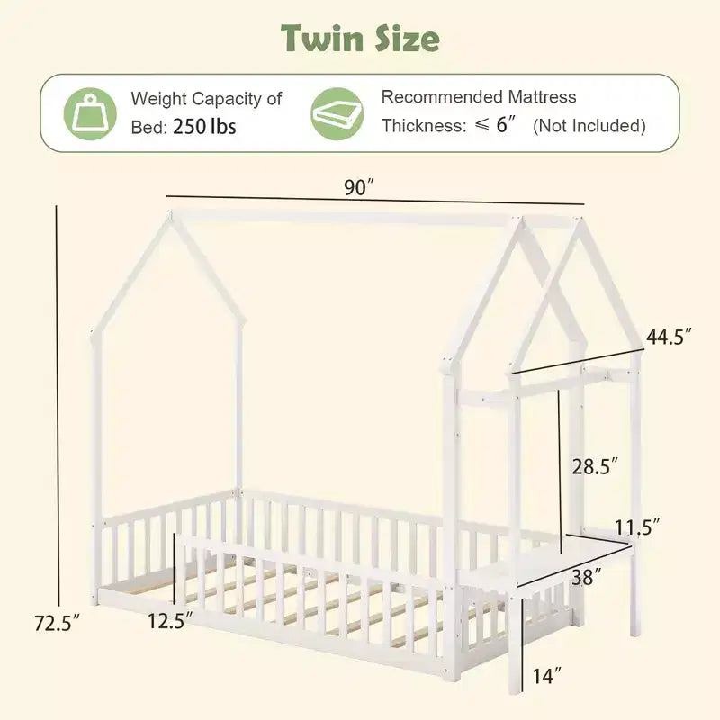 Twin House Floor Bed w/ Storage Shelf & Detachable Clothes Hanger Guardrails