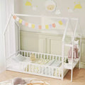 Twin House Floor Bed w/ Storage Shelf & Detachable Clothes Hanger Guardrails