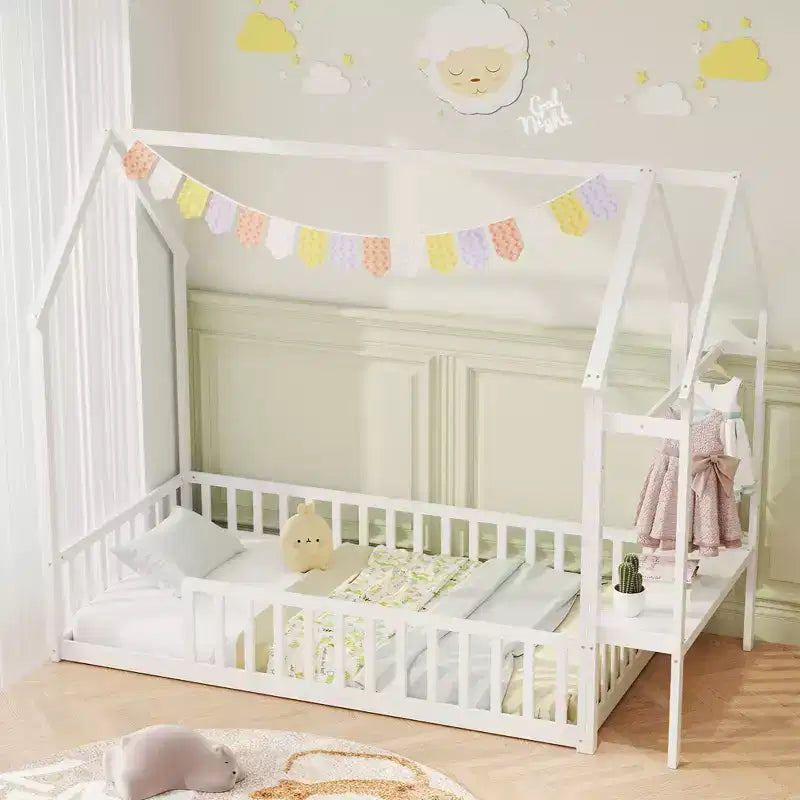 Twin House Floor Bed w/ Storage Shelf & Detachable Clothes Hanger Guardrails