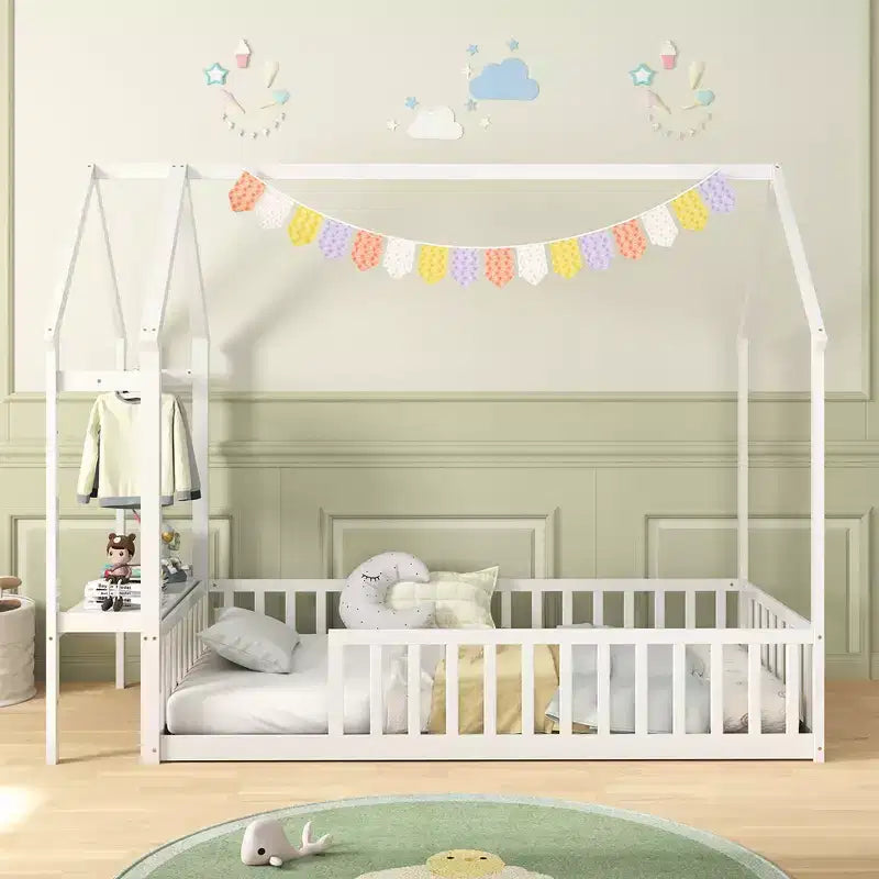 Twin House Floor Bed w/ Storage Shelf & Detachable Clothes Hanger Guardrails