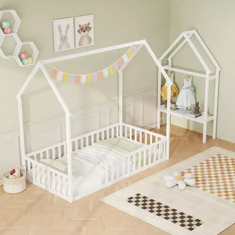 Twin House Floor Bed w/ Storage Shelf & Detachable Clothes Hanger Guardrails
