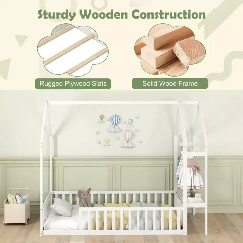Twin House Floor Bed w/ Storage Shelf & Detachable Clothes Hanger Guardrails