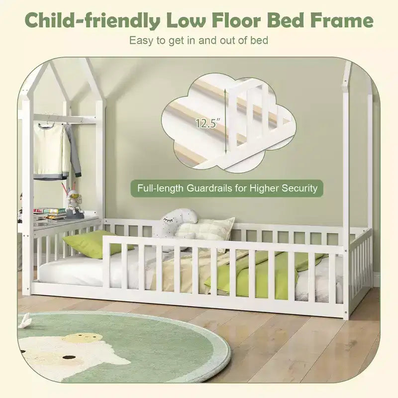 Twin House Floor Bed w/ Storage Shelf & Detachable Clothes Hanger Guardrails
