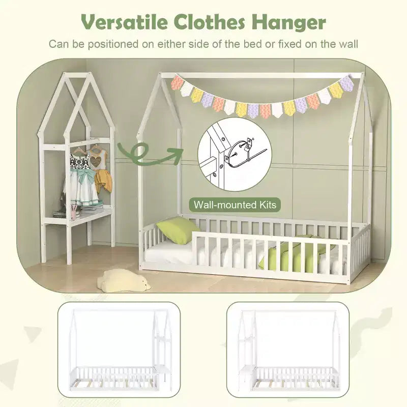 Twin House Floor Bed w/ Storage Shelf & Detachable Clothes Hanger Guardrails