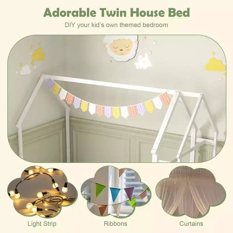 Twin House Floor Bed w/ Storage Shelf & Detachable Clothes Hanger Guardrails