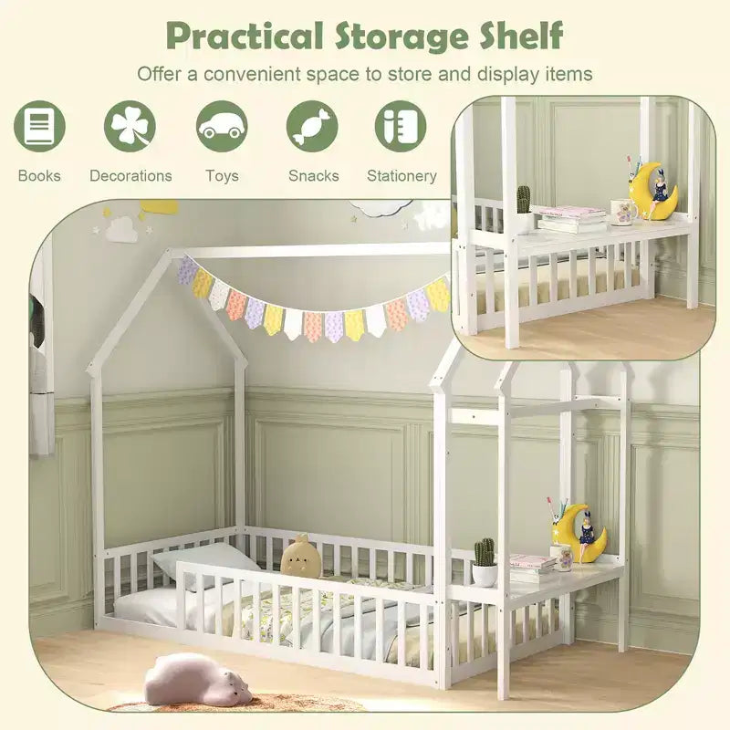 Twin House Floor Bed w/ Storage Shelf & Detachable Clothes Hanger Guardrails