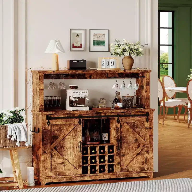 55 Farmhouse Coffee Bar Cabinet with Lights - Large Buffet Sideboard with Sliding Doors, Wine Rack, Adjustable Shelves for Kitchen, Dining Room