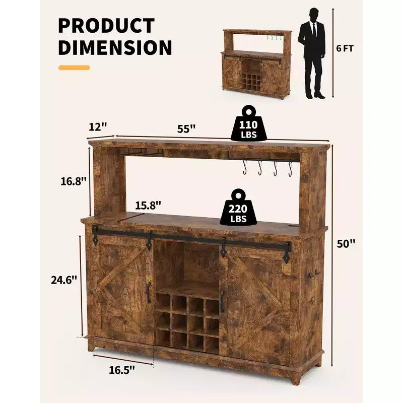55 Farmhouse Coffee Bar Cabinet with Lights - Large Buffet Sideboard with Sliding Doors, Wine Rack, Adjustable Shelves for Kitchen, Dining Room