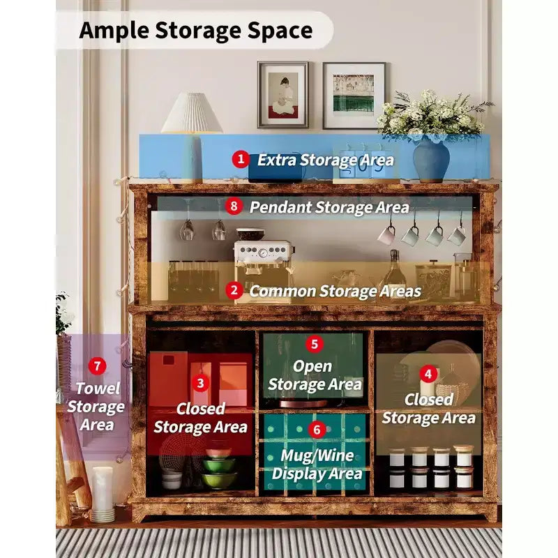 55 Farmhouse Coffee Bar Cabinet with Lights - Large Buffet Sideboard with Sliding Doors, Wine Rack, Adjustable Shelves for Kitchen, Dining Room