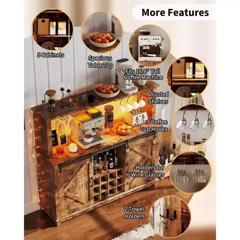 55 Farmhouse Coffee Bar Cabinet with Lights - Large Buffet Sideboard with Sliding Doors, Wine Rack, Adjustable Shelves for Kitchen, Dining Room