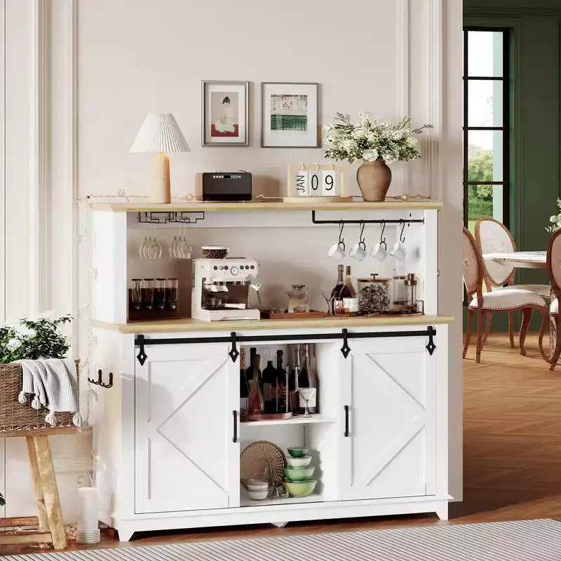 55 Farmhouse Coffee Bar Cabinet with Lights - Large Buffet Sideboard with Sliding Doors, Wine Rack, Adjustable Shelves for Kitchen, Dining Room