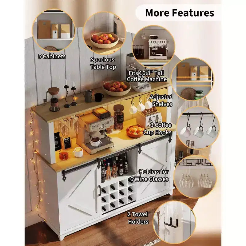 55 Farmhouse Coffee Bar Cabinet with Lights - Large Buffet Sideboard with Sliding Doors, Wine Rack, Adjustable Shelves for Kitchen, Dining Room
