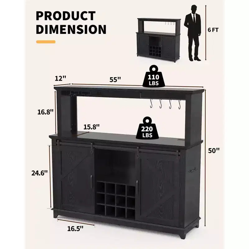 Mobile bar da caffè stile fattoria da 55" con luci - grande buffet con ante scorrevoli, portabottiglie, ripiani regolabili per cucina e sala da pranzo