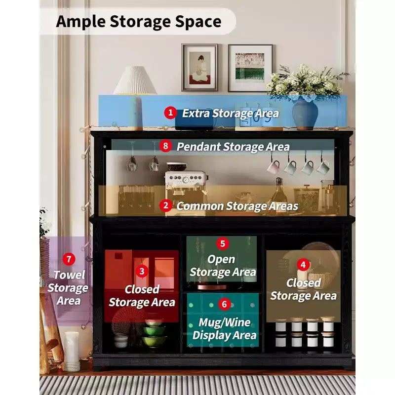 55 Farmhouse Coffee Bar Cabinet with Lights - Large Buffet Sideboard with Sliding Doors, Wine Rack, Adjustable Shelves for Kitchen, Dining Room