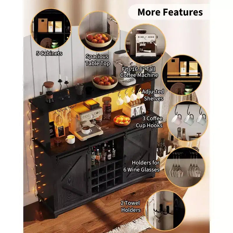 55 Farmhouse Coffee Bar Cabinet with Lights - Large Buffet Sideboard with Sliding Doors, Wine Rack, Adjustable Shelves for Kitchen, Dining Room