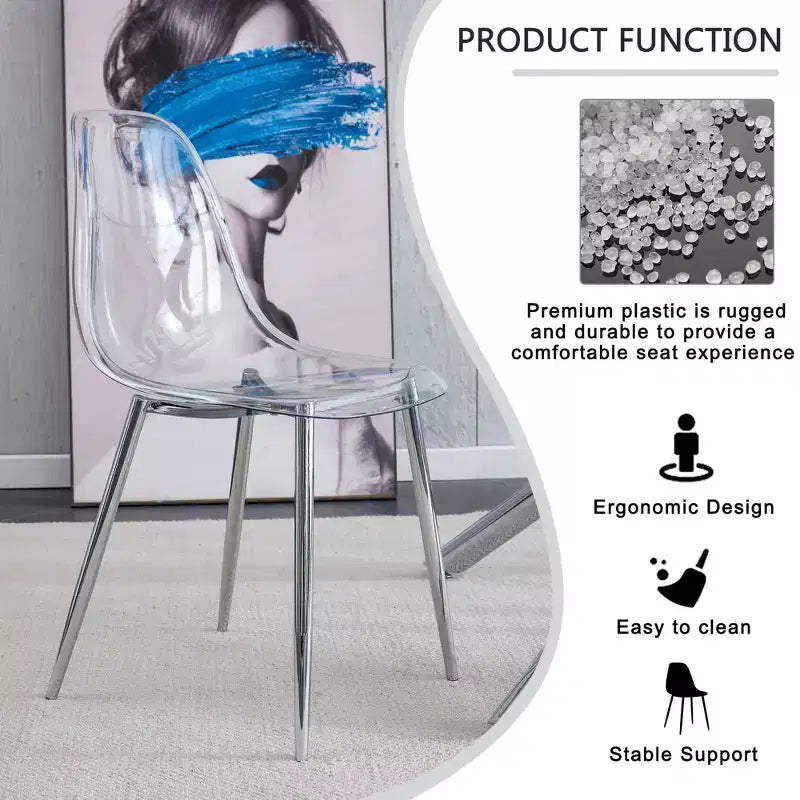 Set van 6 moderne acryl eetkamerstoelen met transparante lepelvormige zittingen, heldere stoelen met gouden poten, voor eetkamer, keuken, woonkamer, zilver
